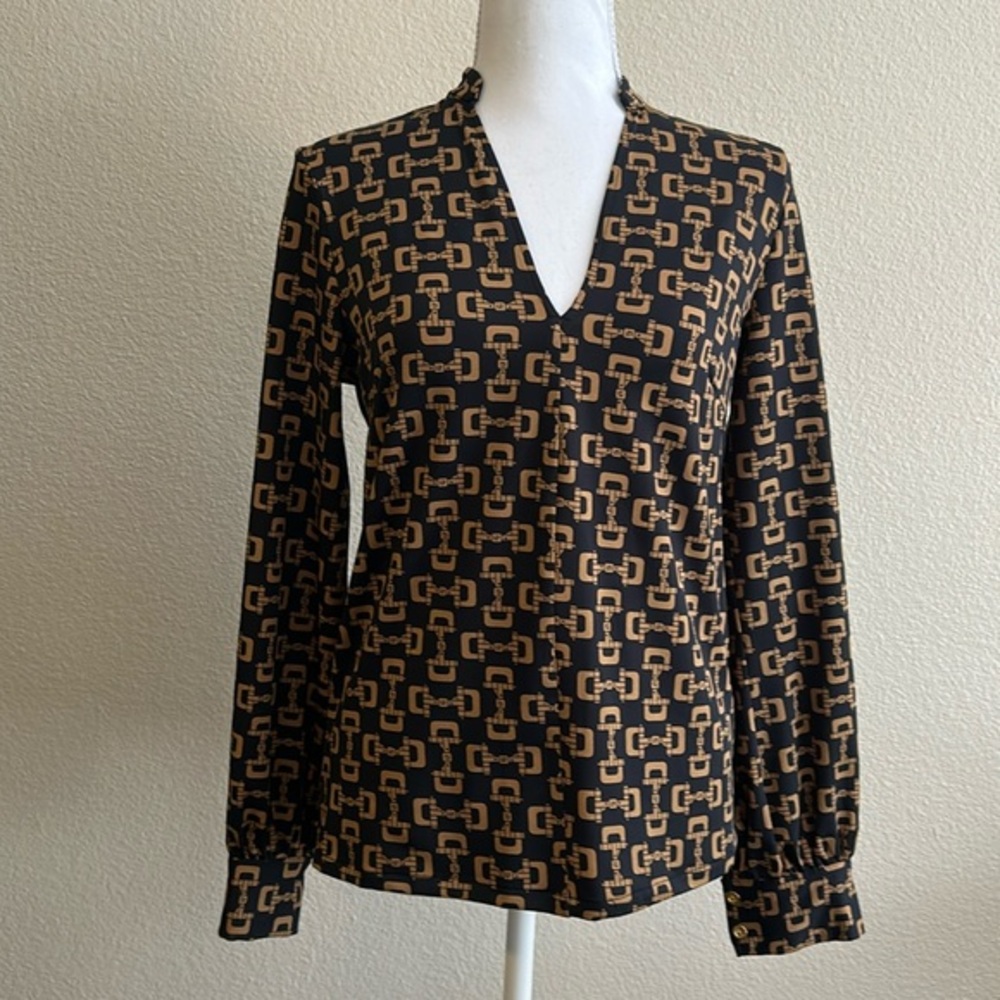 Julie Brown NYC sz P Black and Gold Equestrian Themed Top Long Sleeve